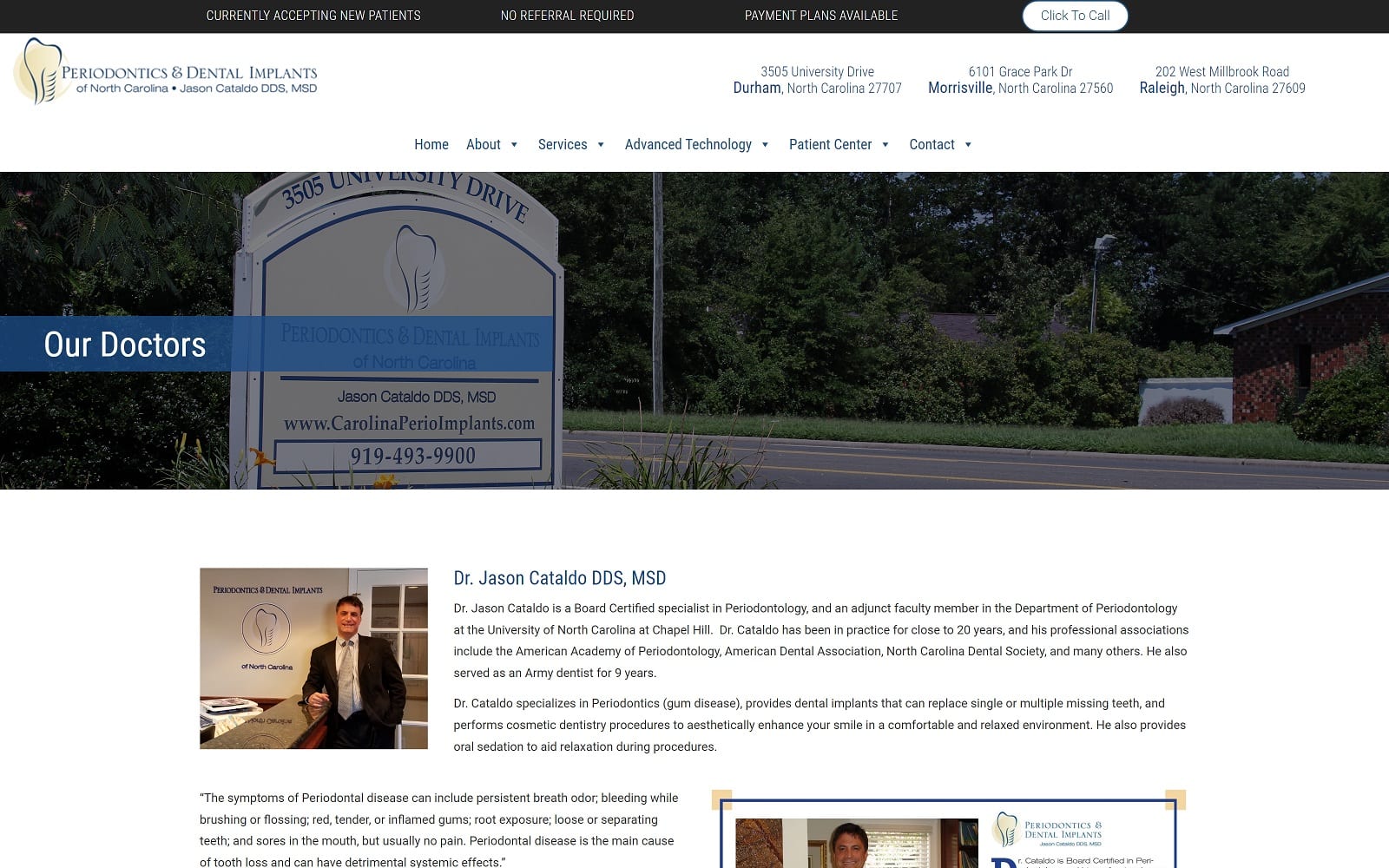 The screenshot of periodontics and dental implants carolinaperioimplants. Com dr. Jason cataldo website