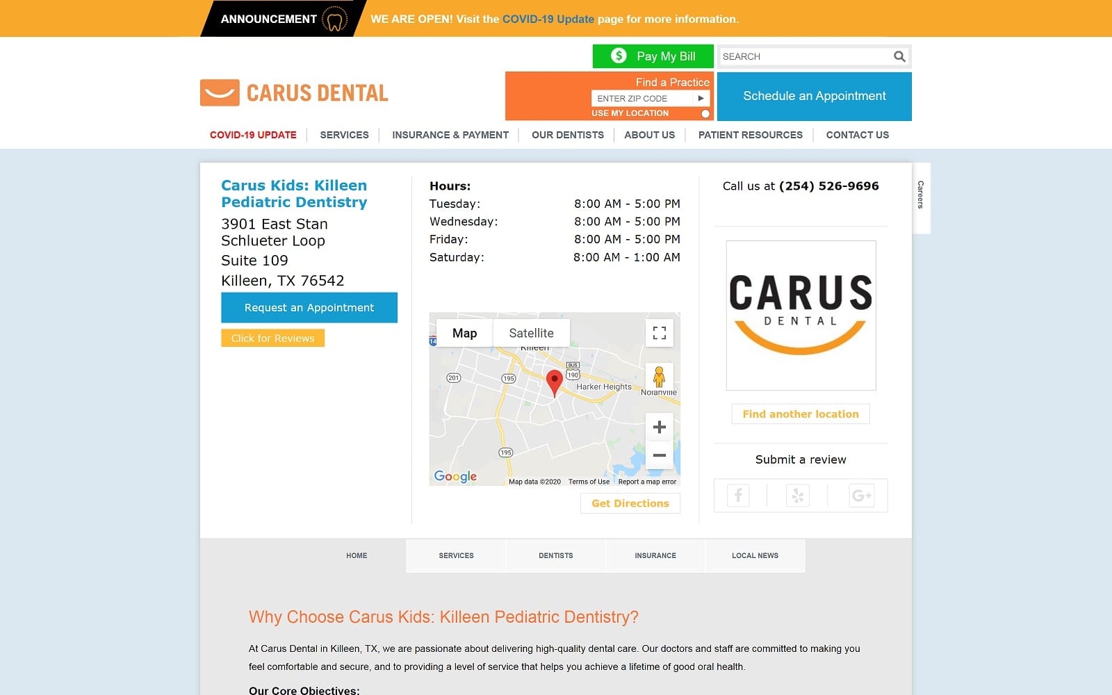 The screenshot of carus kids carusdental. Com/practices/carus-kids-killeen-pediatric-dentistry website