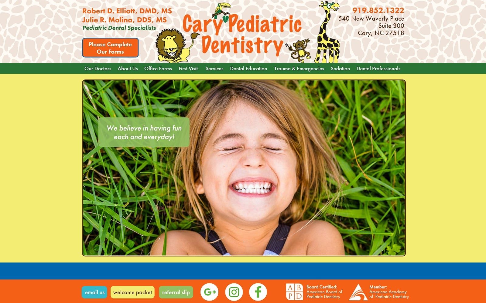 The screenshot of cary pediatric dentistry carypediatricdentistry. Com website