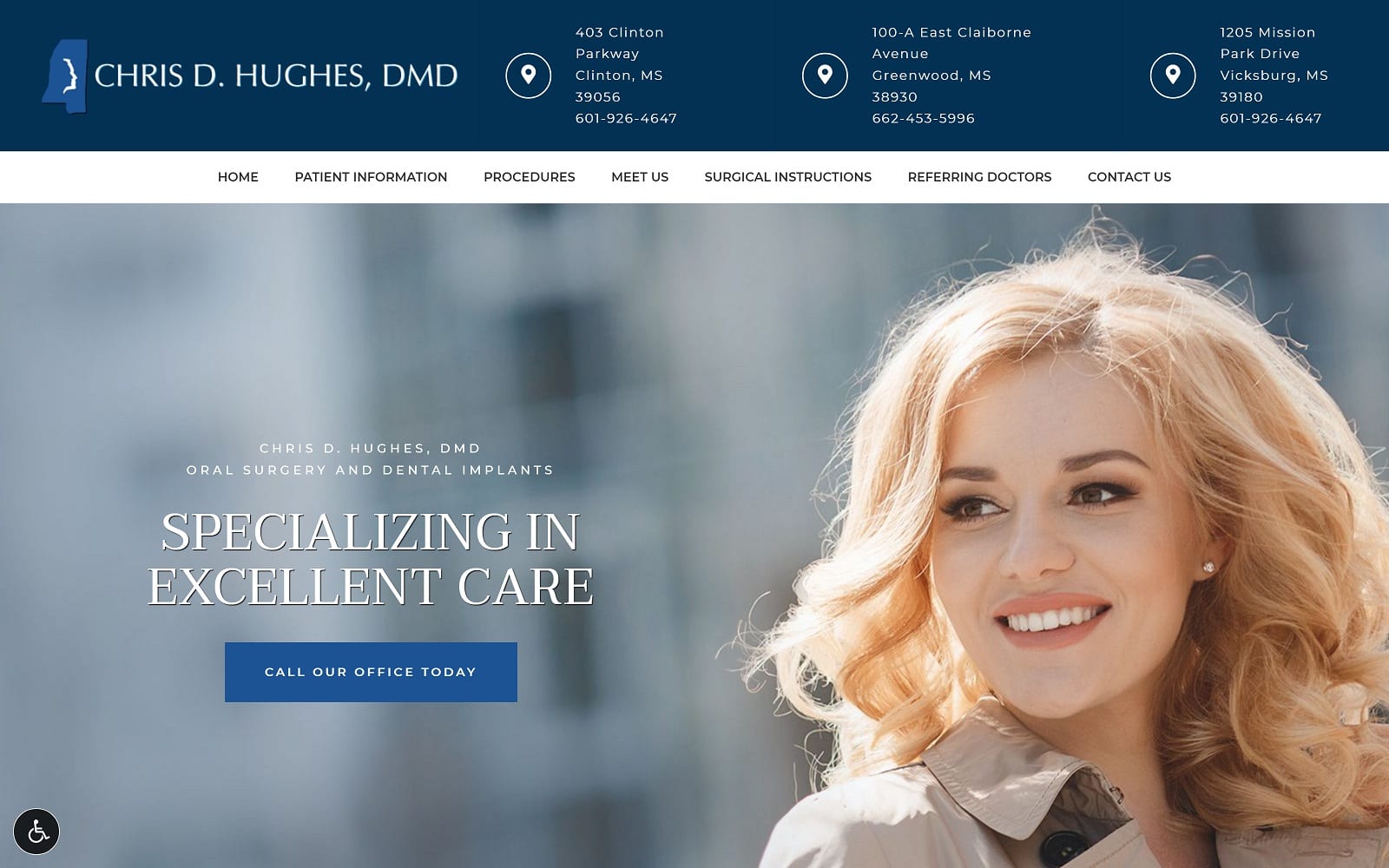 The screenshot of dr. Chris d. Hughes, dmd chrishughesoralsurgery. Com website