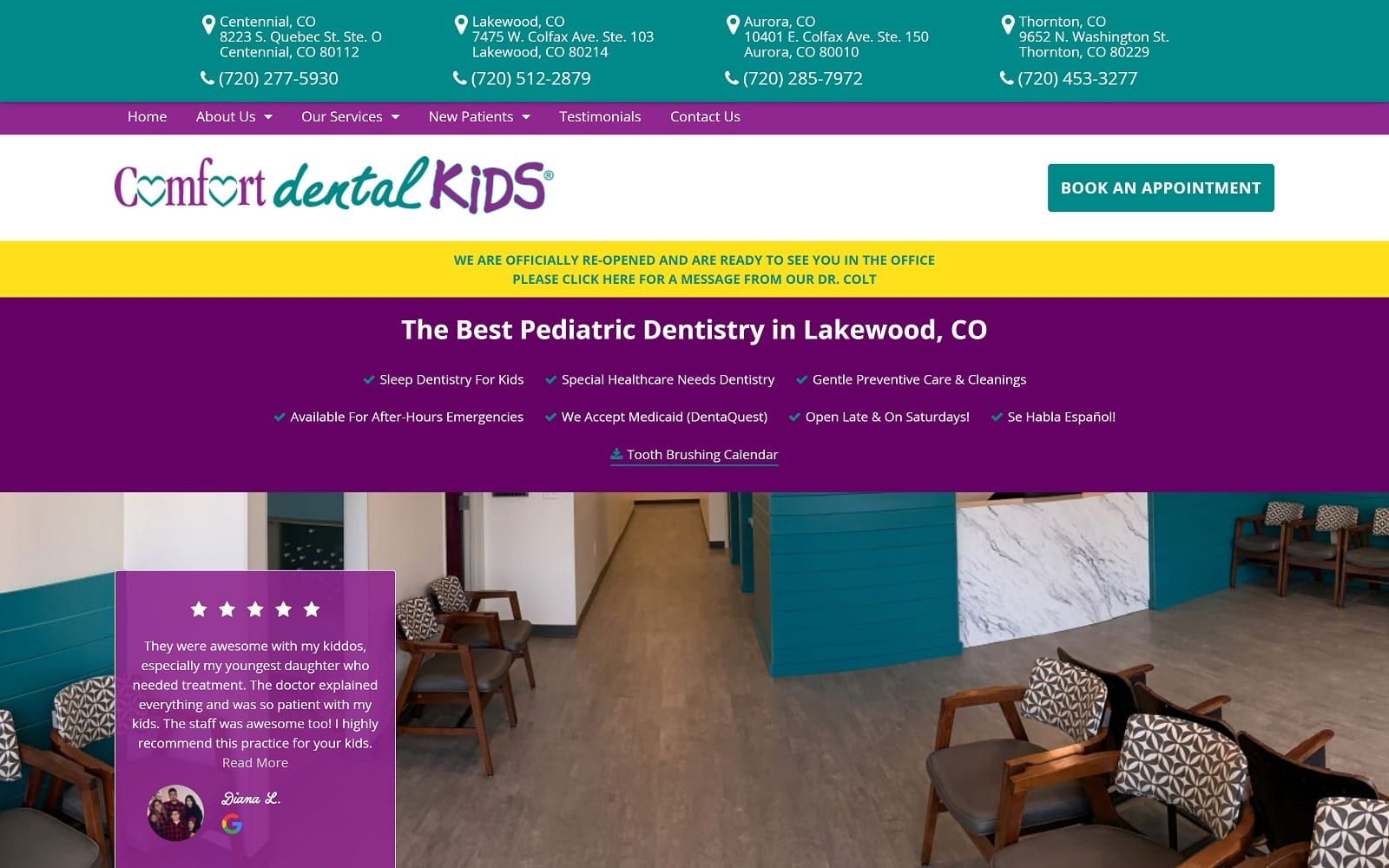 The screenshot of comfort dental kids - lakewood comfortdentalkids. Com/lakewood-co dr. Colton flake website