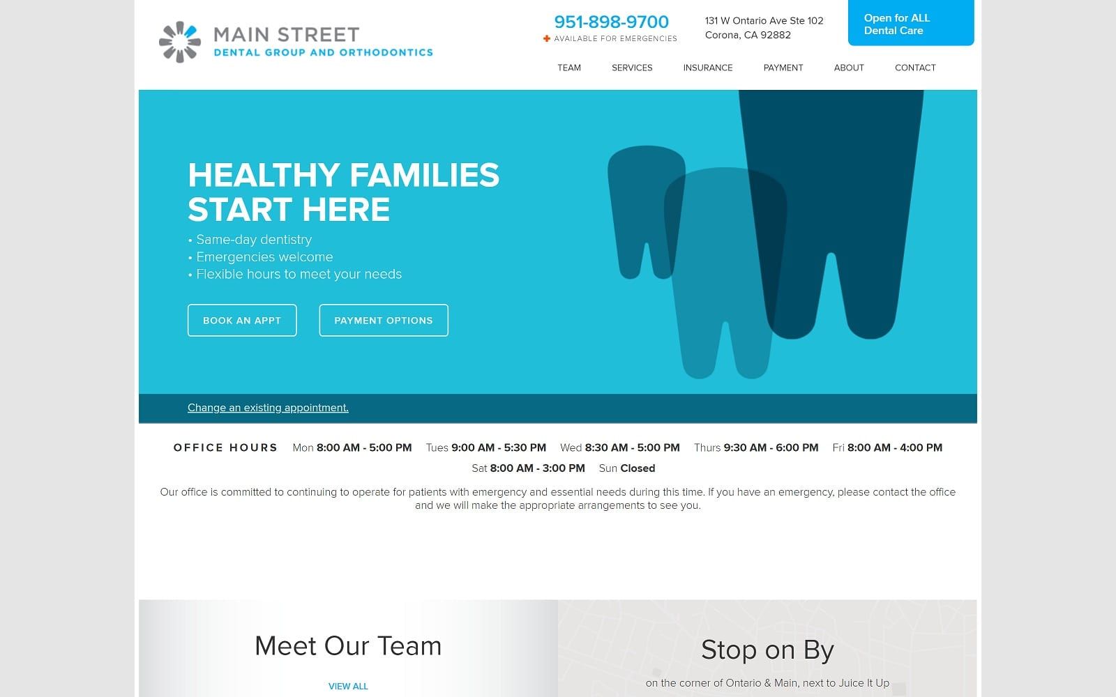 The screenshot of main street dental group and orthodontics coronamainstreetdental. Com website