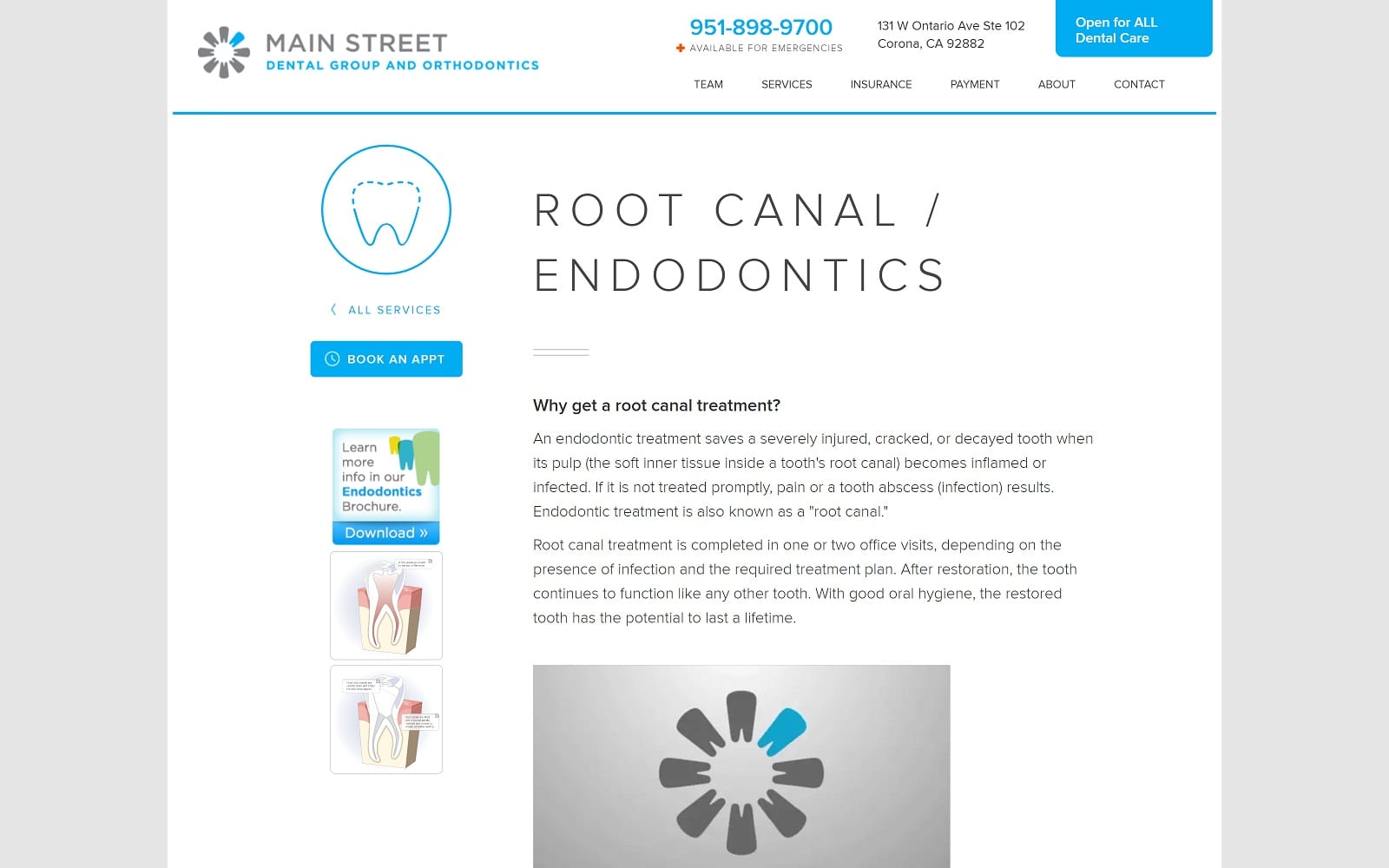 The screenshot of main street dental group and orthodontics coronamainstreetdental. Com website