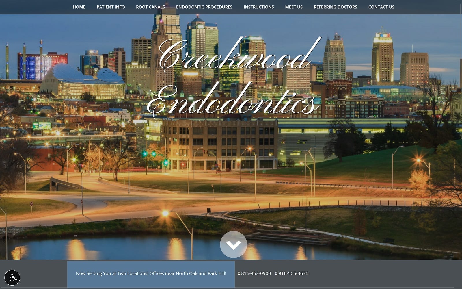 The screenshot of creekwood endodontics: daniel g. Stamos, dds, ms creekwoodendodontics. Com website