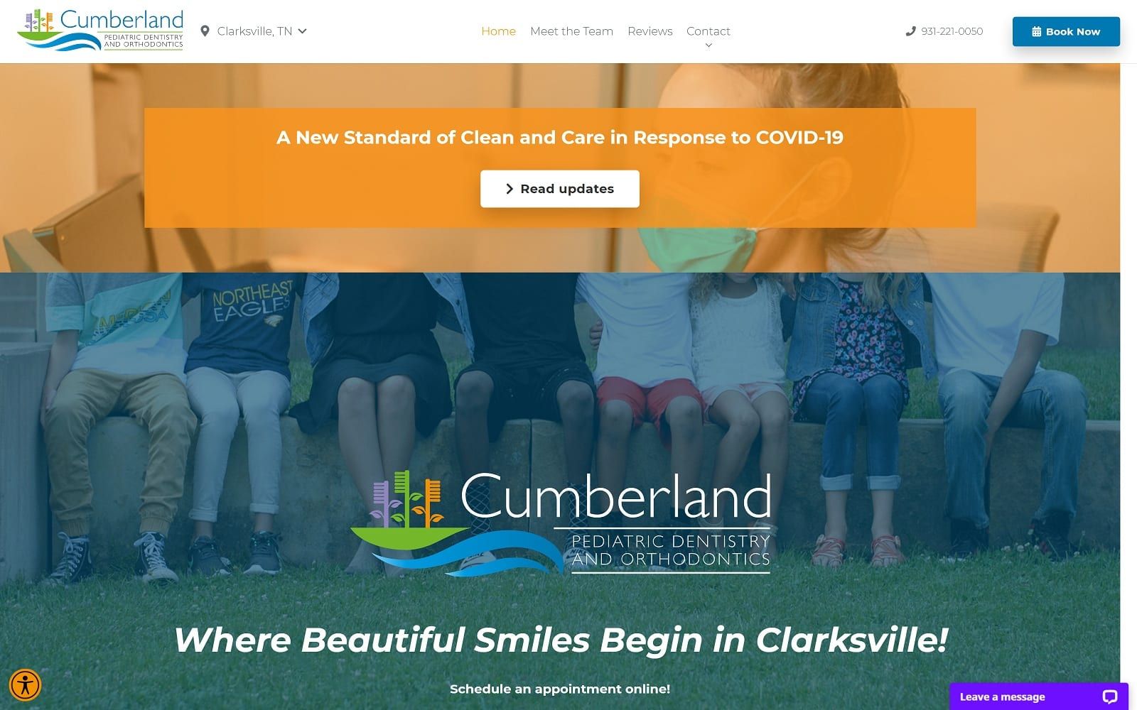 The screenshot of cumberland pediatric dentistry and orthodontics of clarksville cumberlandpediatricdentistry. Com/clarksville website