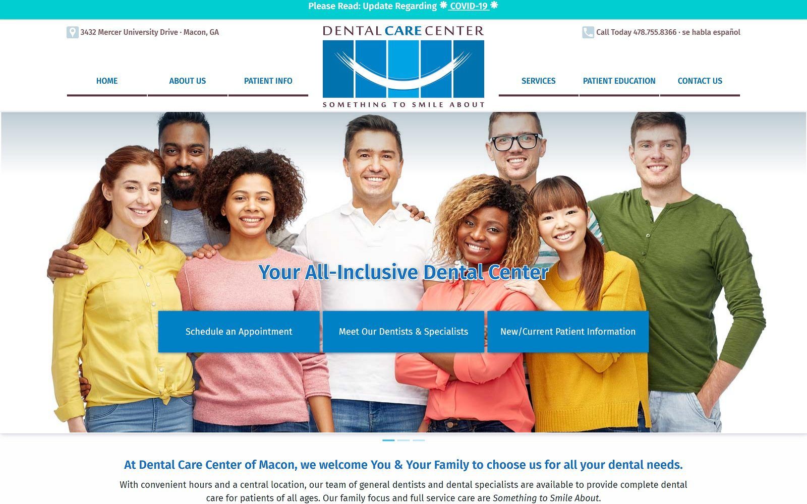 The screenshot of dental care center dentalcarecentermacon. Com website