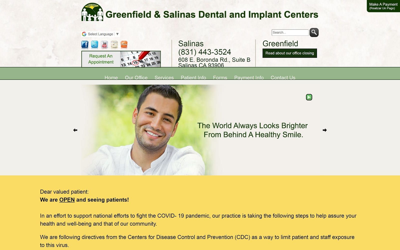 The screenshot of greenfield & salinas dental group dentist4myfamily. Com website