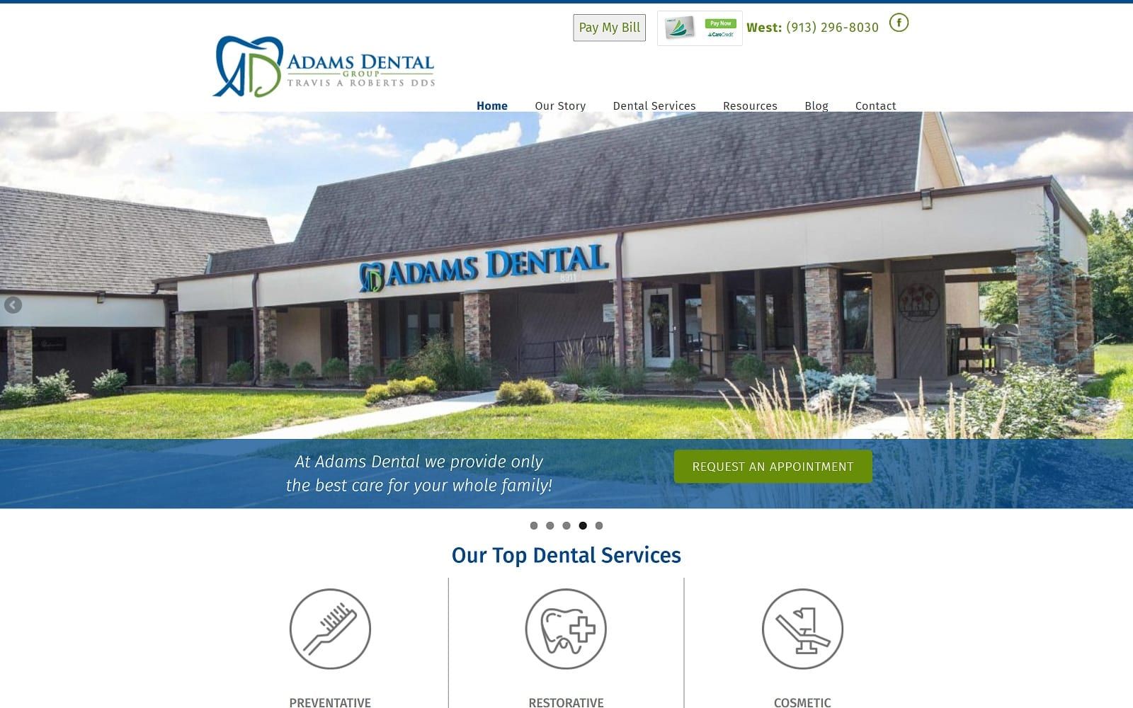 The screenshot of adams dental group west dentistkansascityks. Com dr. Travis roberts website
