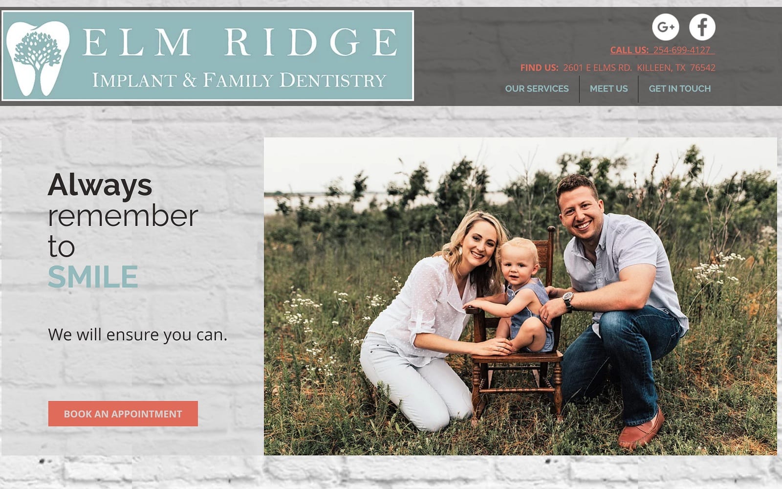 The screenshot of elm ridge implant and family dentistry elmridgedental. Com website