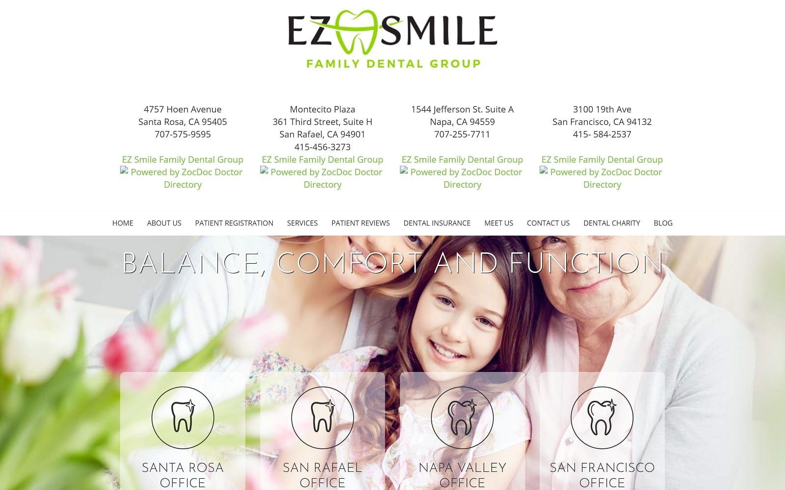 The screenshot of ez smile family dental group- santa rosa ezsmilefamily. Com website