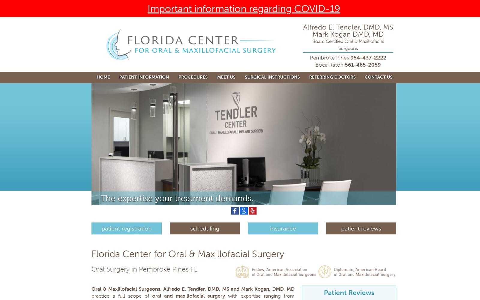 The screenshot of florida center for oral & maxillofacial surgery flocoms. Com dr. Alfredo e. Tendler website