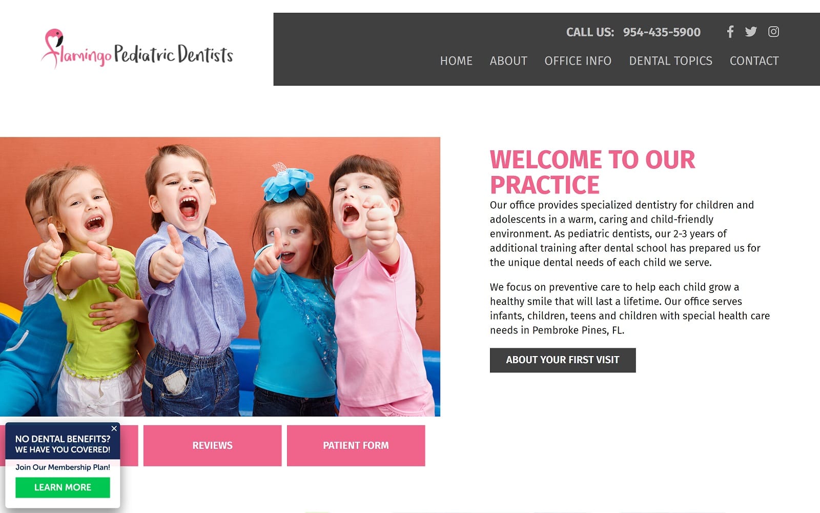 The screenshot of flamingo pediatric dentistry flpediatricdentists. Com website