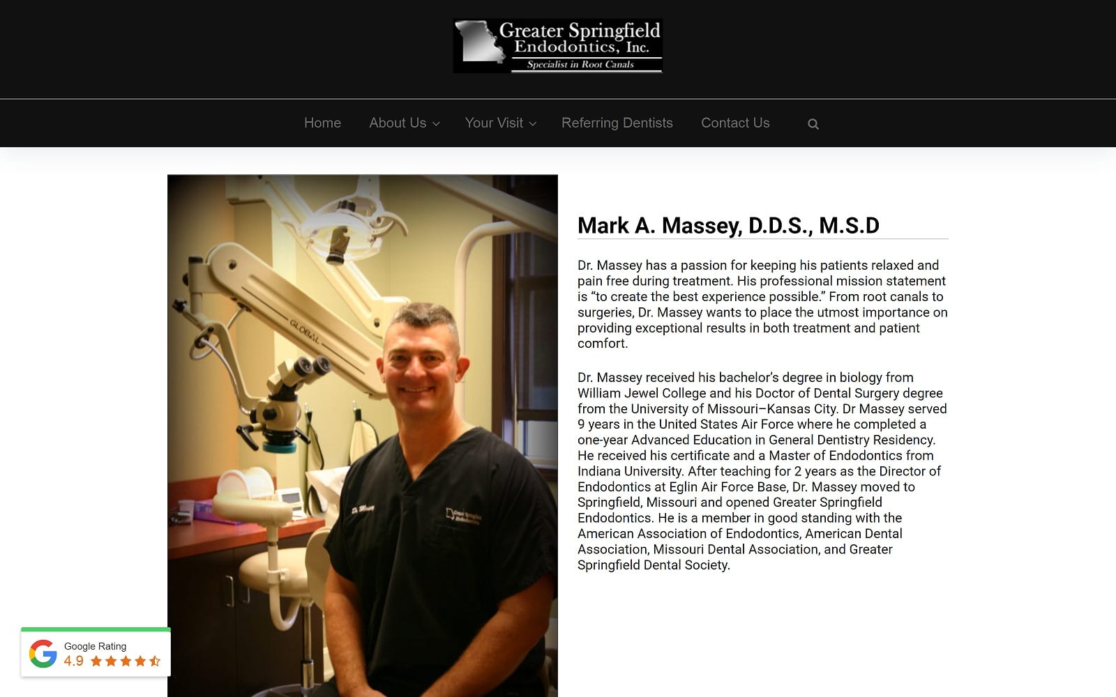 The screenshot of greater springfield endodontics greaterspringfieldendo. Com
dr. Mark a. Massey website