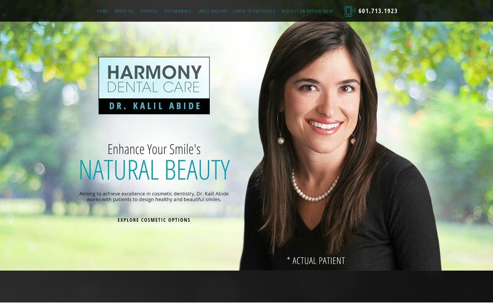 The screenshot of harmony dental care - kalil abide, dds harmonydentalcare. Com website