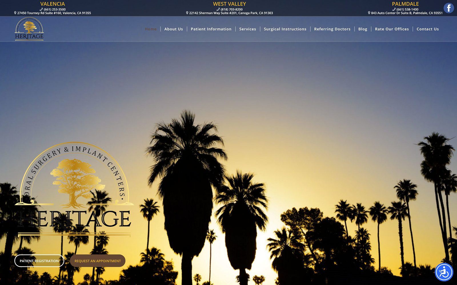 The screenshot of heritage oral surgery & implant centers - palmdale heritageoralsurgery. Com website
