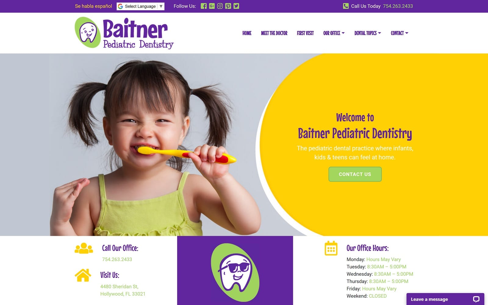 The screenshot of baitner pediatric dentistry hollywoodflpediatricdentist. Com website