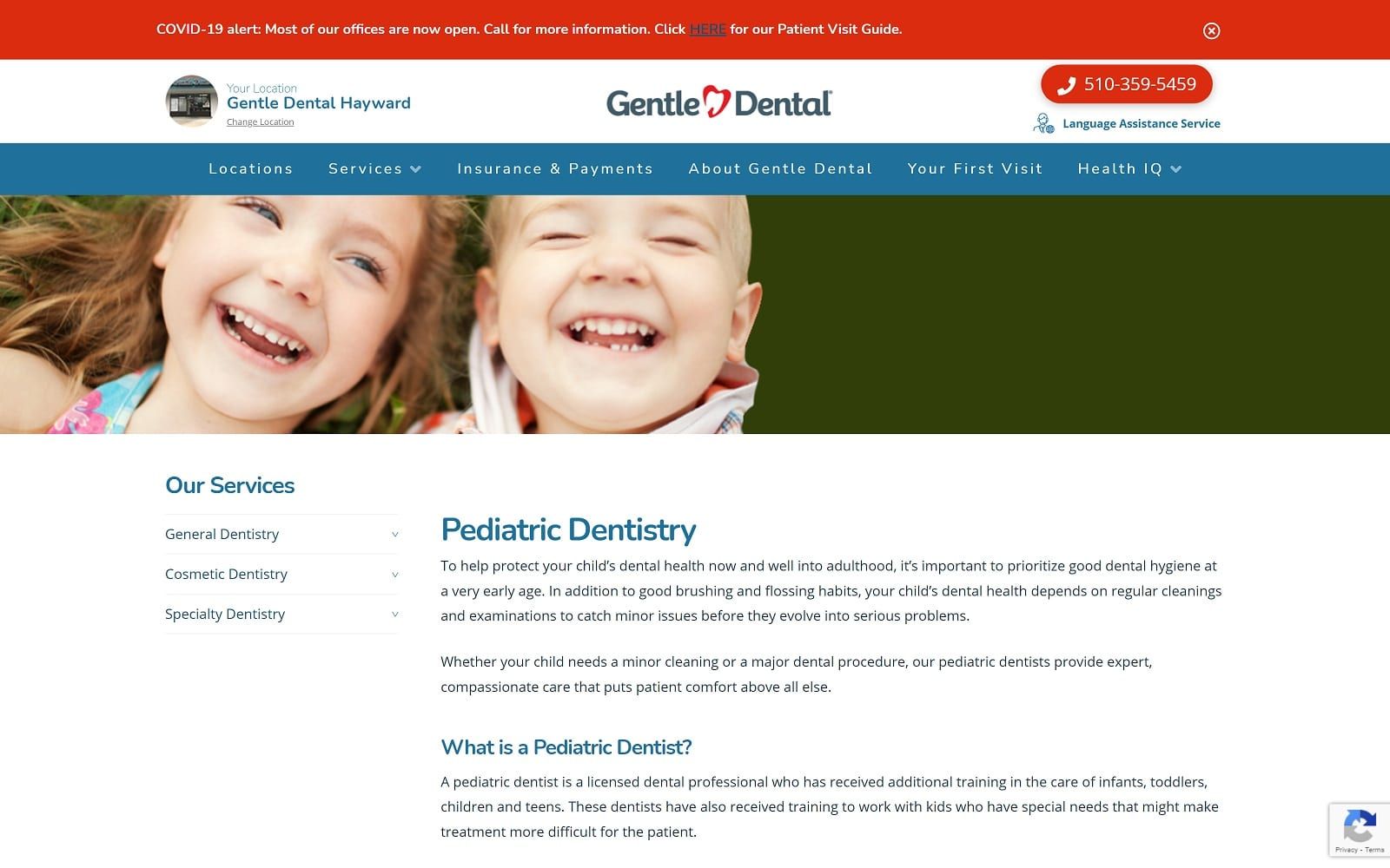 The screenshot of  gentle dental hayward interdent. Com/gentle-dental/locations/ca/hayward/24239-hesperian-blvd-dentist-office website
