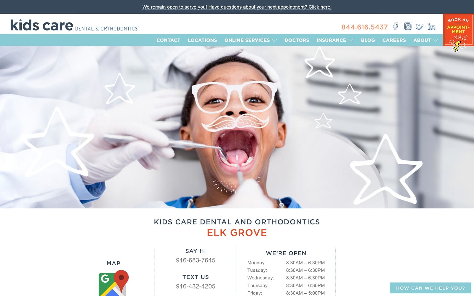 The screenshot of kids care dental & orthodontics - elk grove kidscaredental. Com/locations/elk-grove website