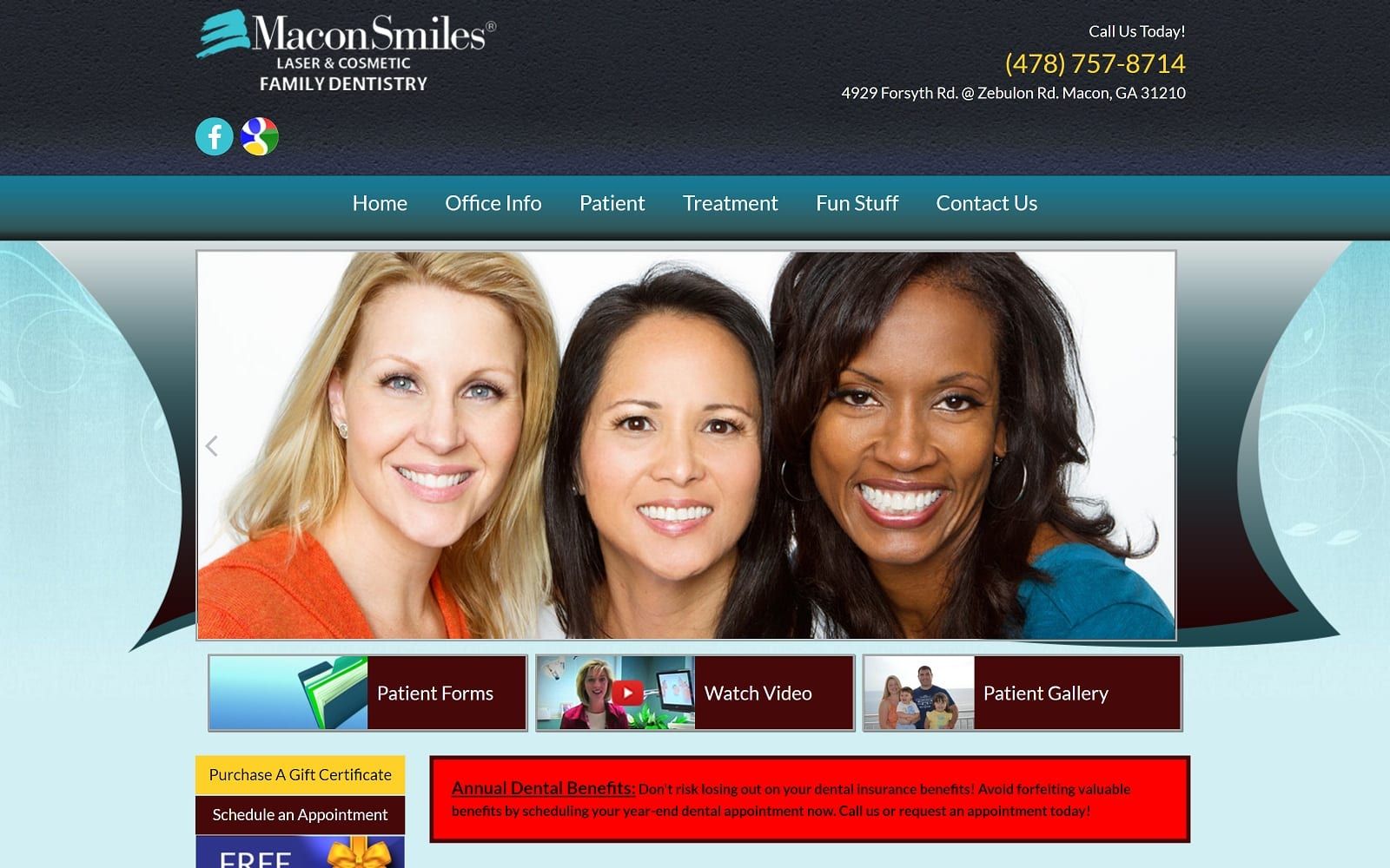 The screenshot of macon smiles laser & cosmetic family dentistry maconsmiles. Com website