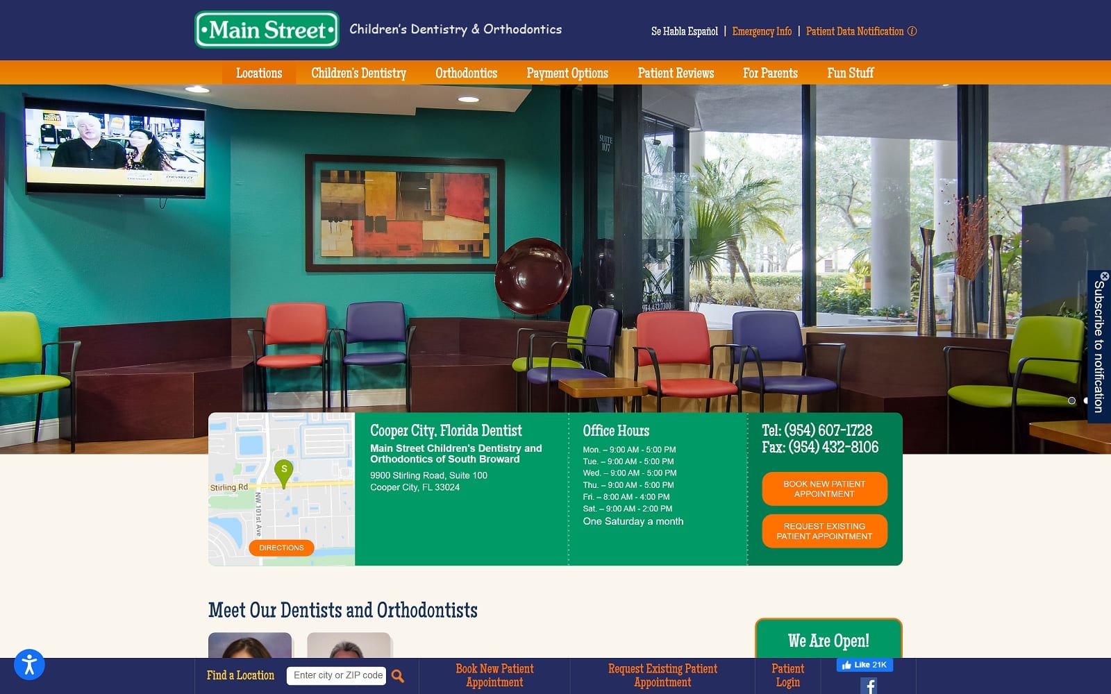 The screenshot of main street children's dentistry and orthodontics of south broward mainstreetsmiles. Com/locations/main-street-childrens-dentistry-and-orthodontics-of-south-broward website