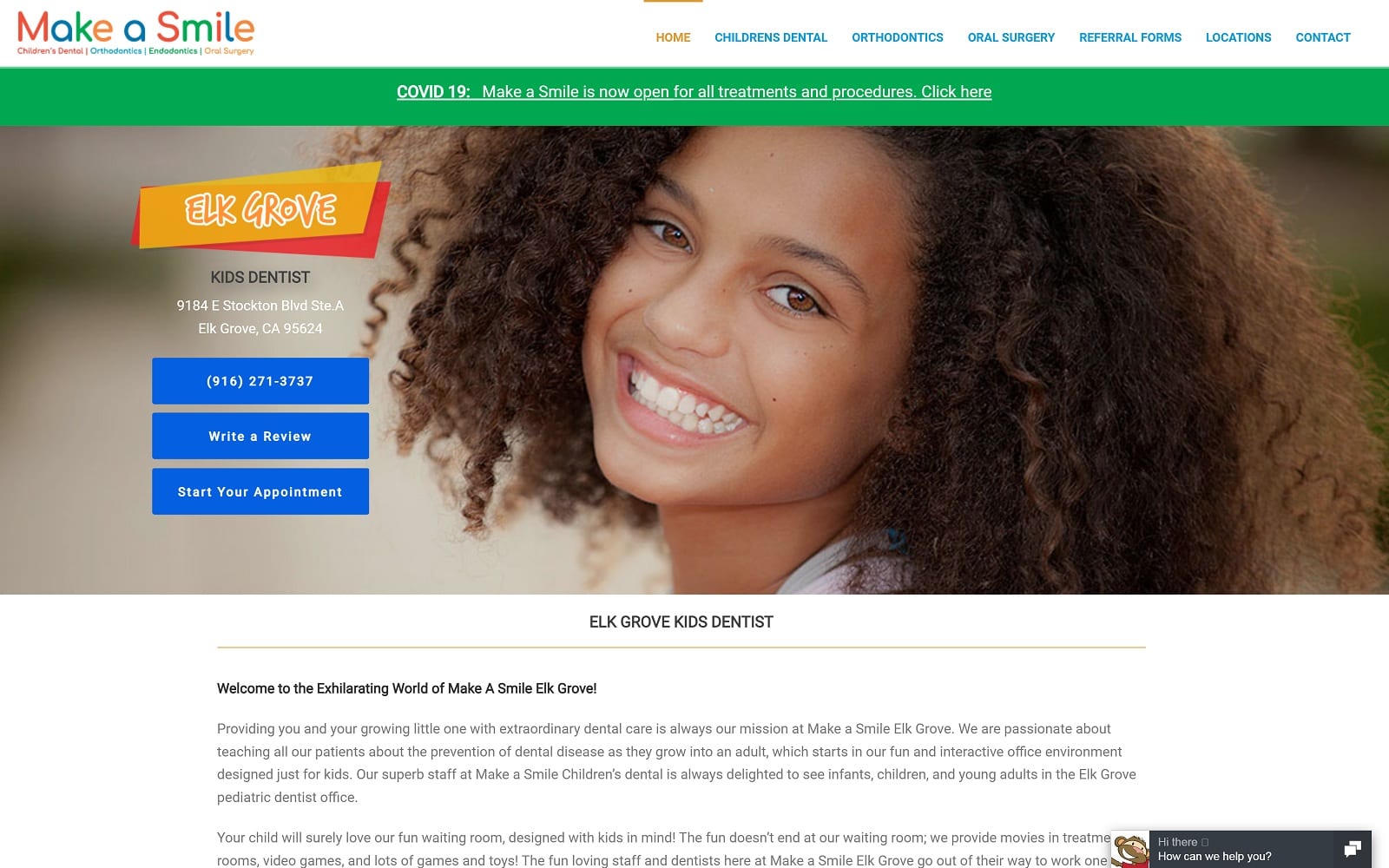 The screenshot of make a smile - children's dental, orthodontics, endodontics, oral surgery makeasmile. Com/elk-grove website