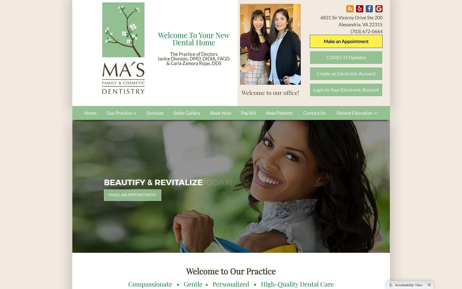 The screenshot of ma's family & cosmetic dentistry masfamilydentistry. Com dr. Janice dionisio website
