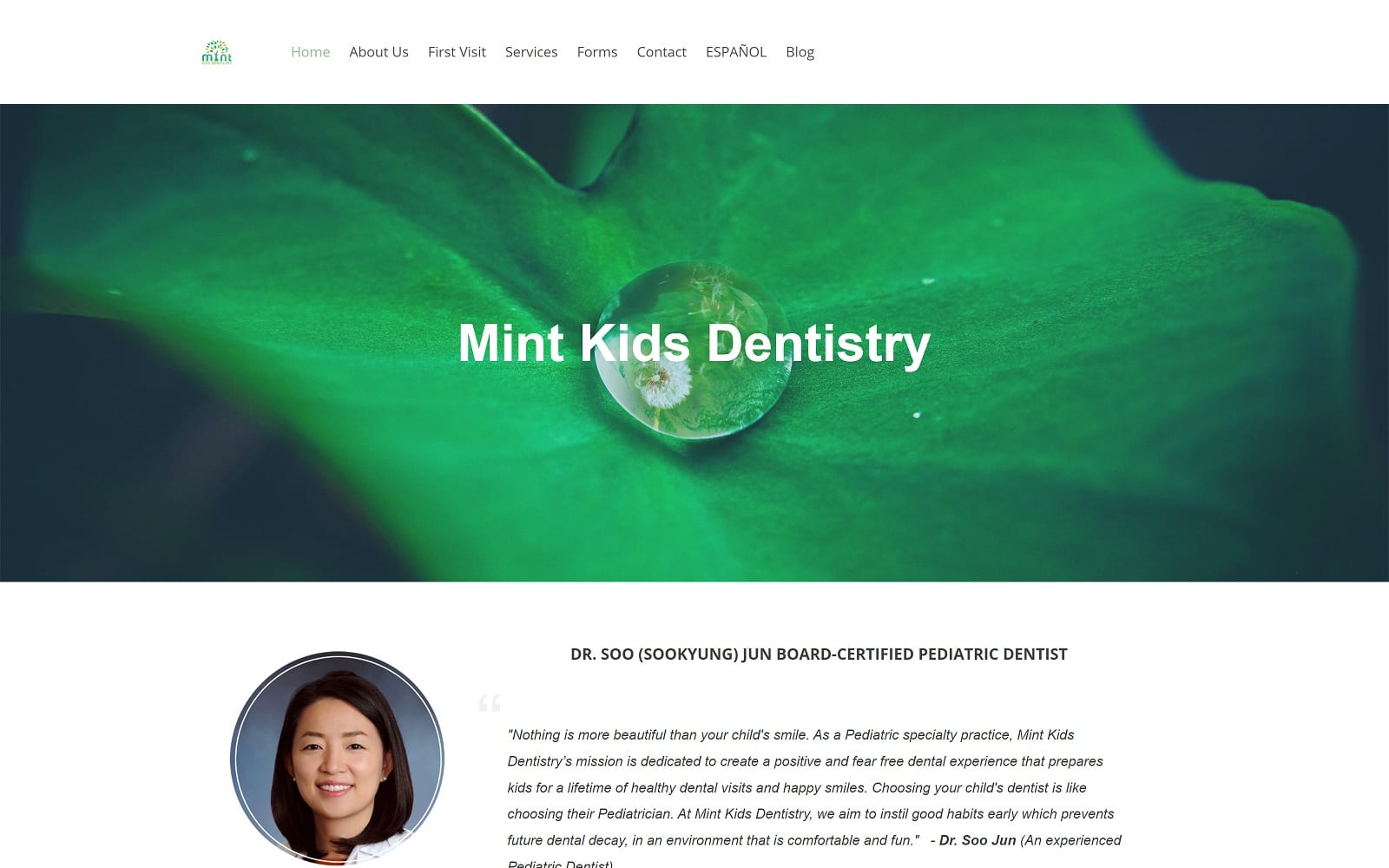 The screenshot of mint kids dentistry mintkidsdentistry. Com dr. Soo jun website