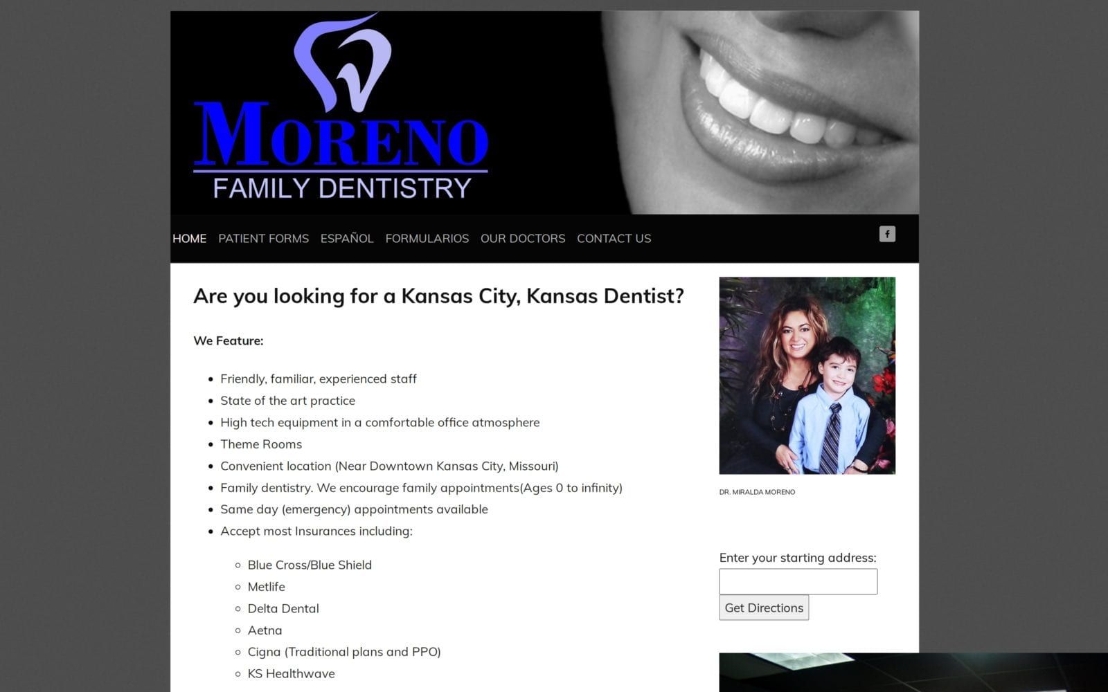 The screenshot of moreno family dentistry morenofamilydentistry. Com website