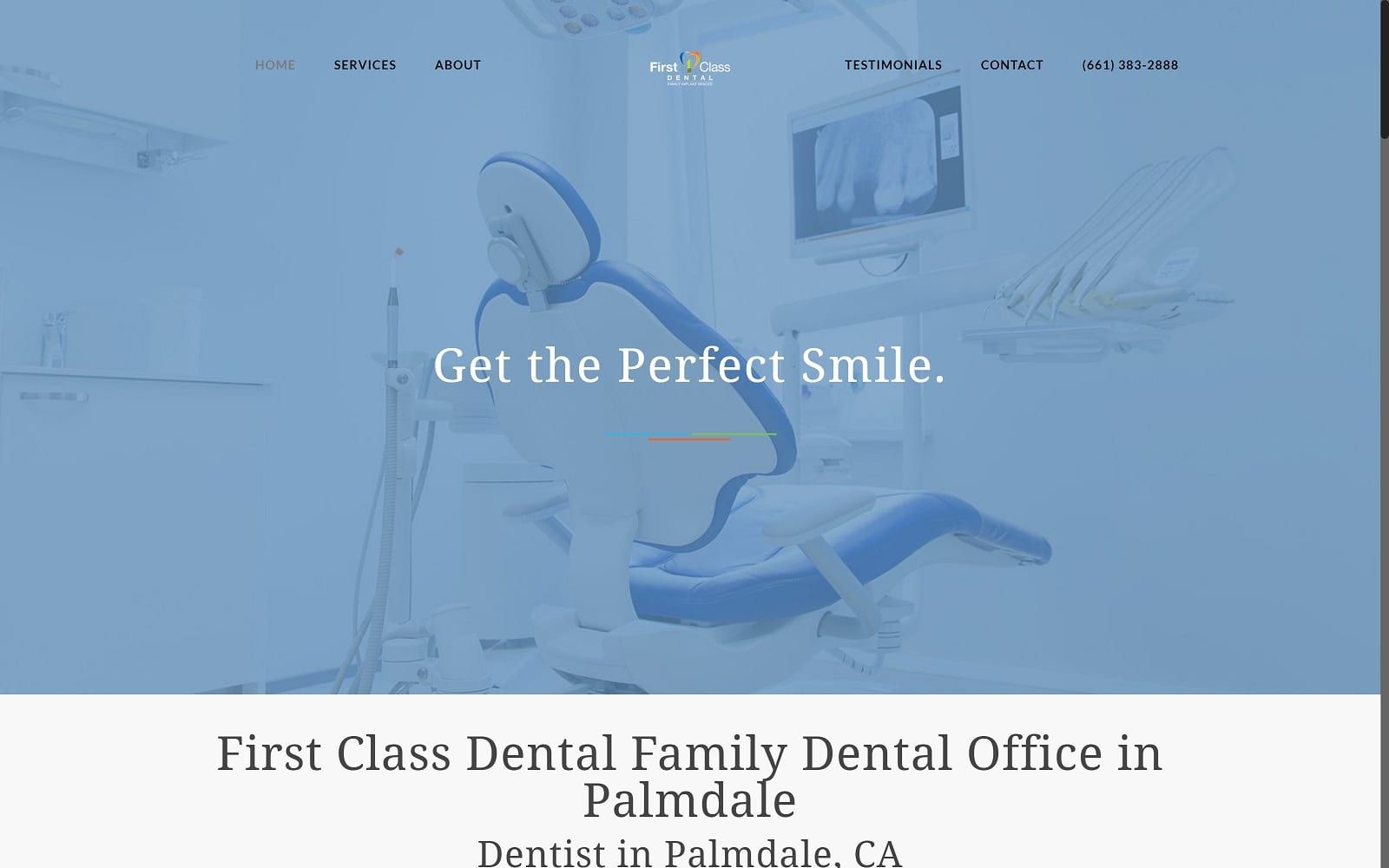 The screenshot of first class dental - palmdale dentist myfirstclassdental. Com website