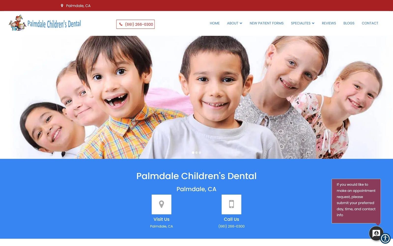 The screenshot of palmdale children's dental palmdalechildrensdental. Com website