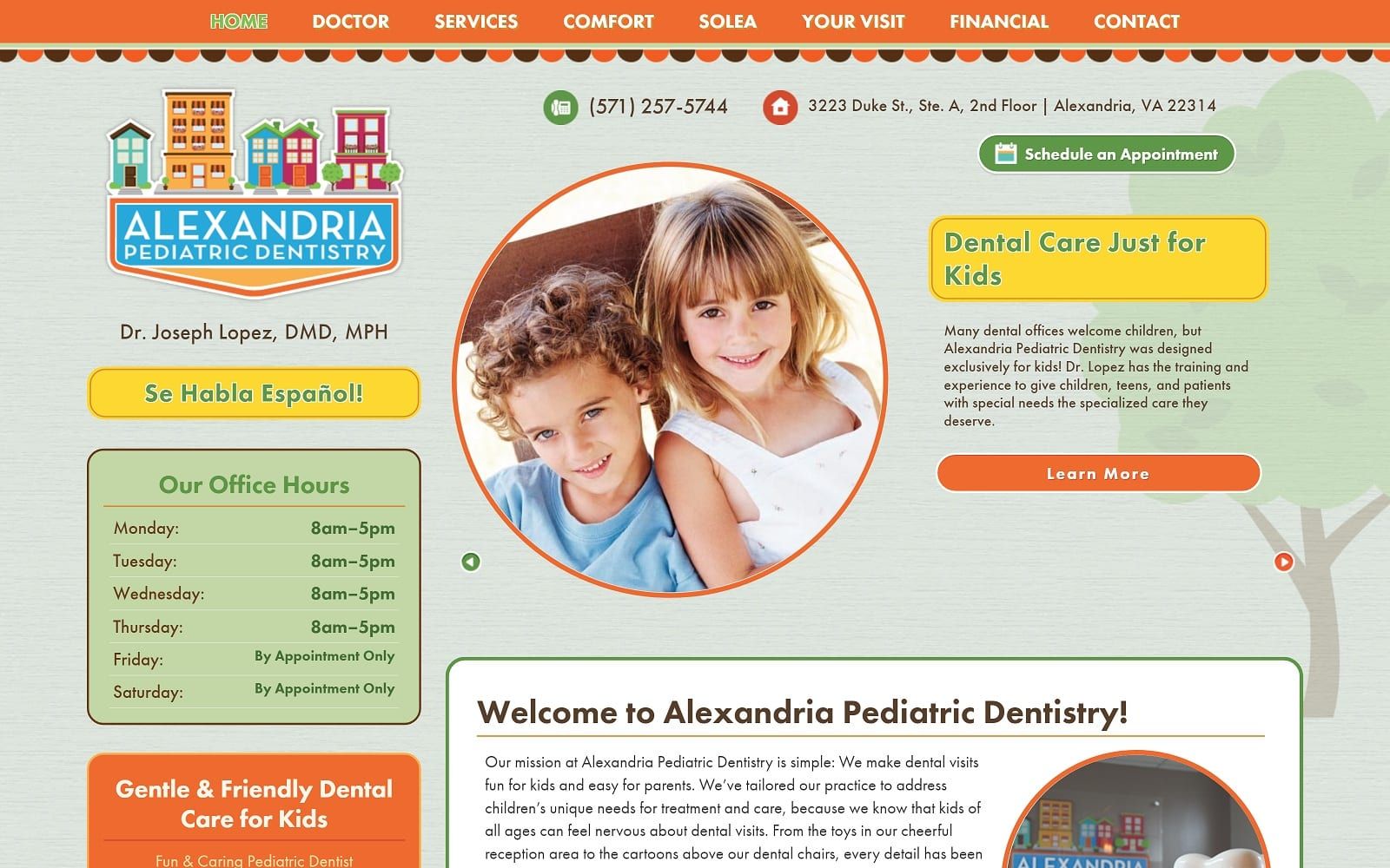 The screenshot of alexandria pediatric dentistry pediatricdentistalexandriava. Com dr. Joseph lopez website
