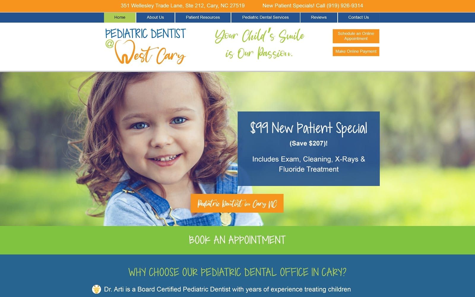 The screenshot of pediatric dentist at west cary pediatricdentistatwestcary. Com dr. Arti website