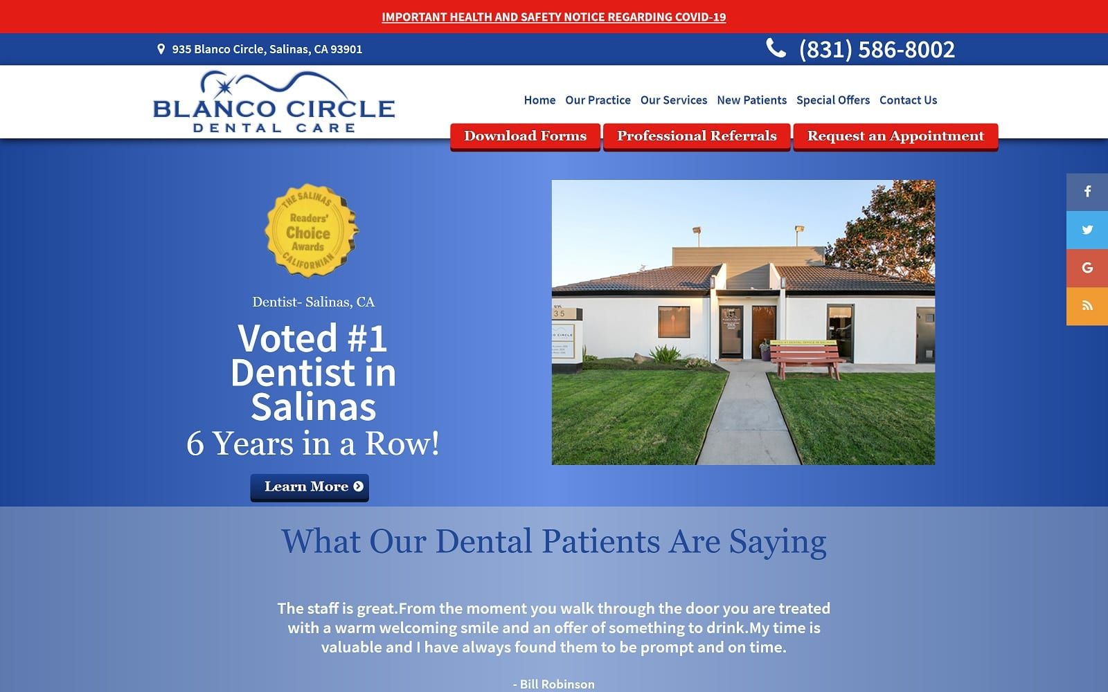 The screenshot of blanco circle dental care salinasdental. Com website