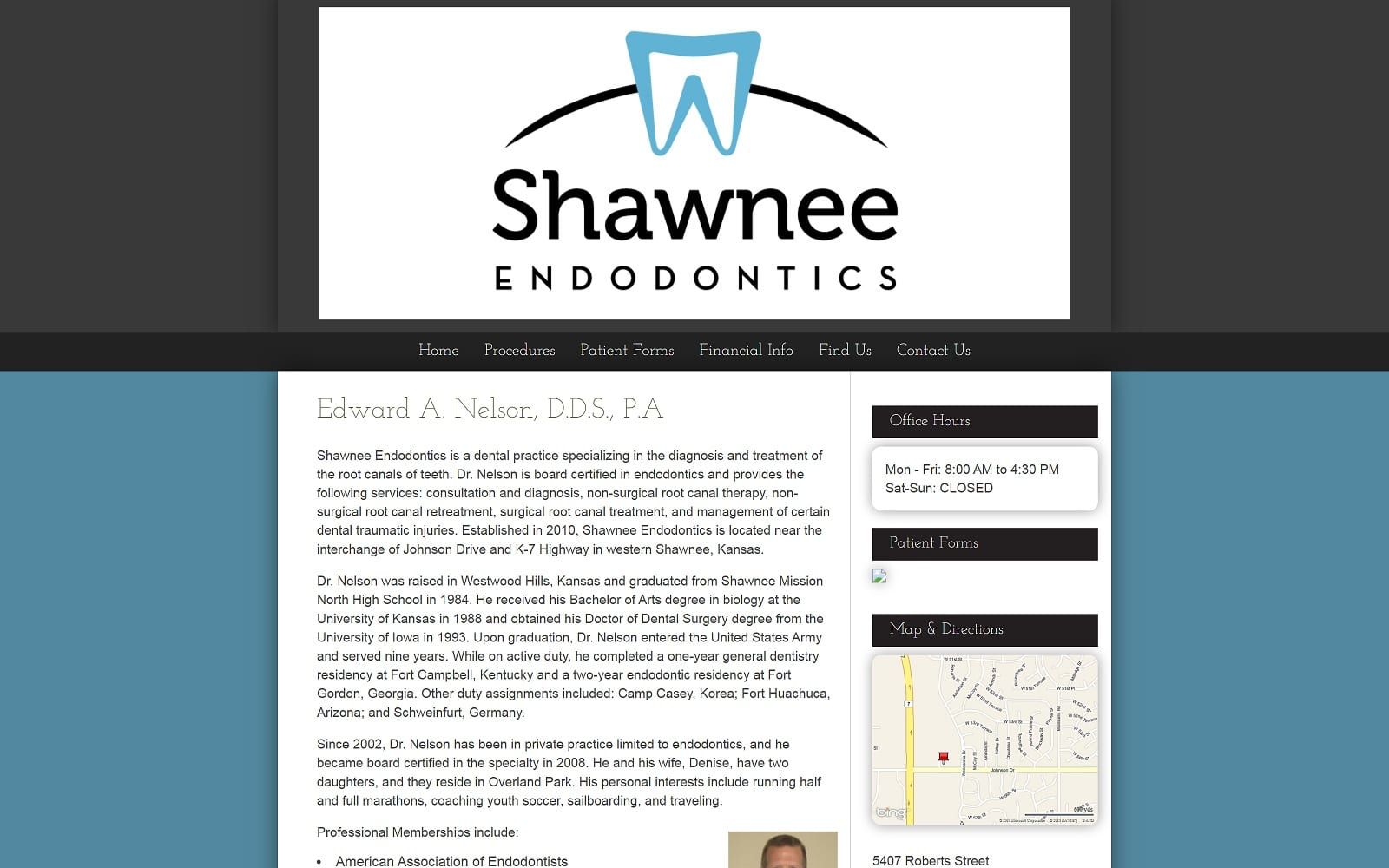 The screenshot of shawnee endodontics shawneeendo. Com dr. Edward nelson website