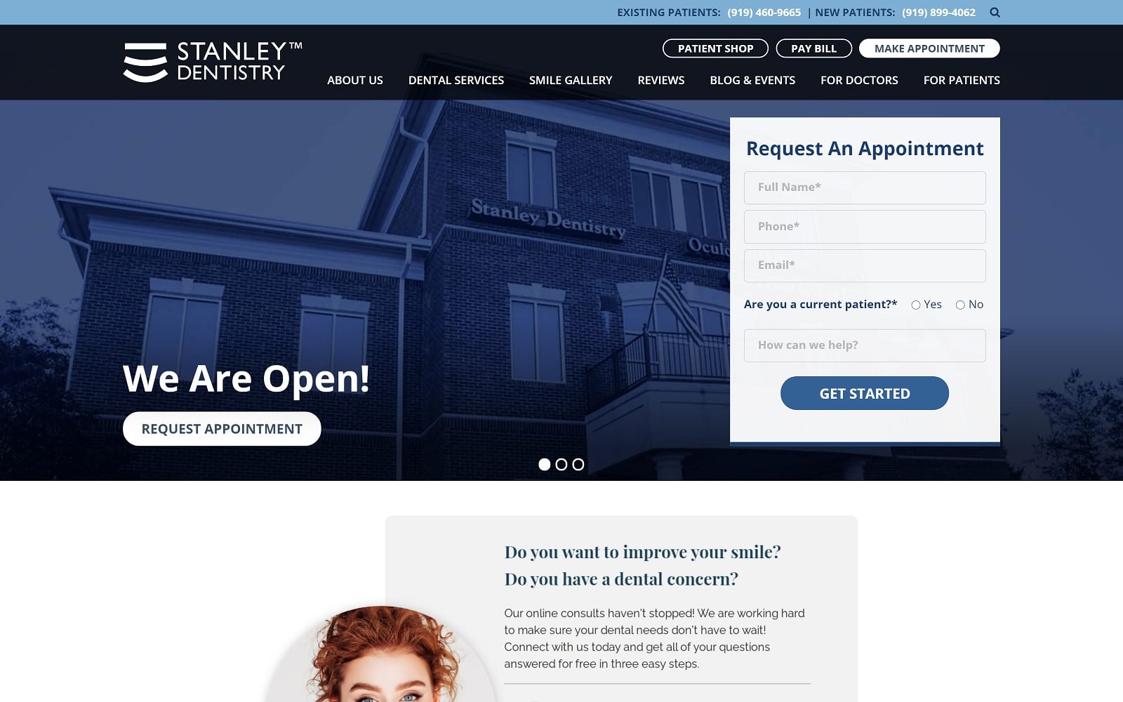 The screenshot of stanley dentistry stanleysmiles. Com website