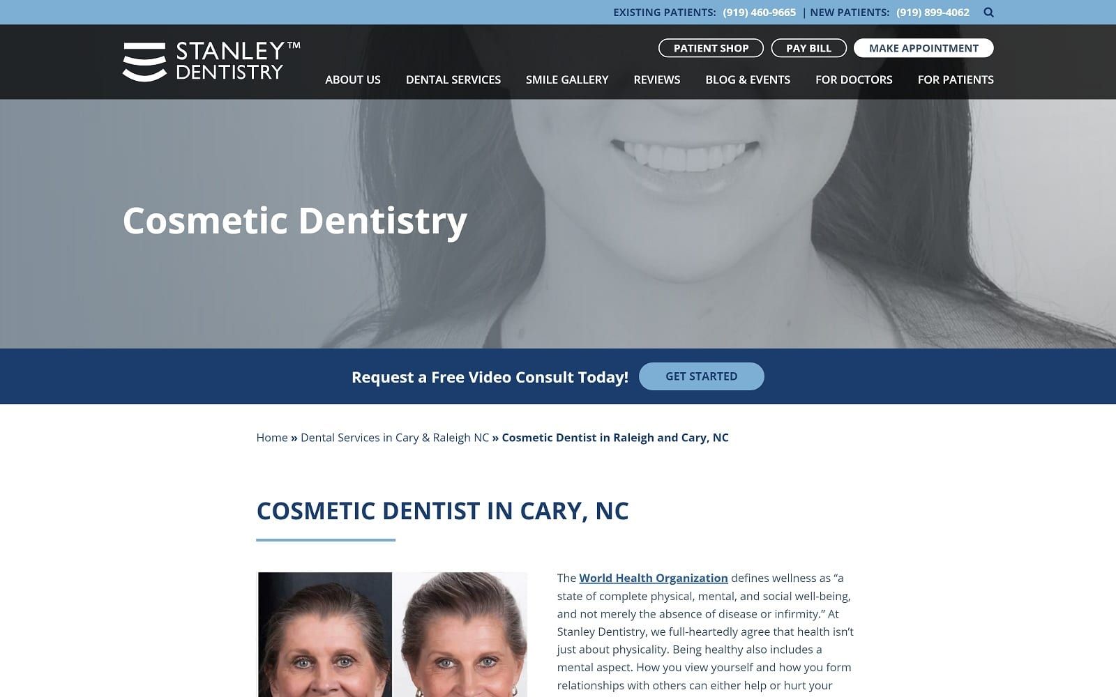 The screenshot of stanley dentistry stanleysmiles. Com website