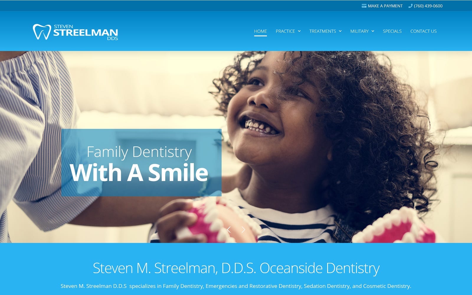 The screenshot of steven m. Streelman, d. D. S. Oceanside dentist streelmandds. Com website