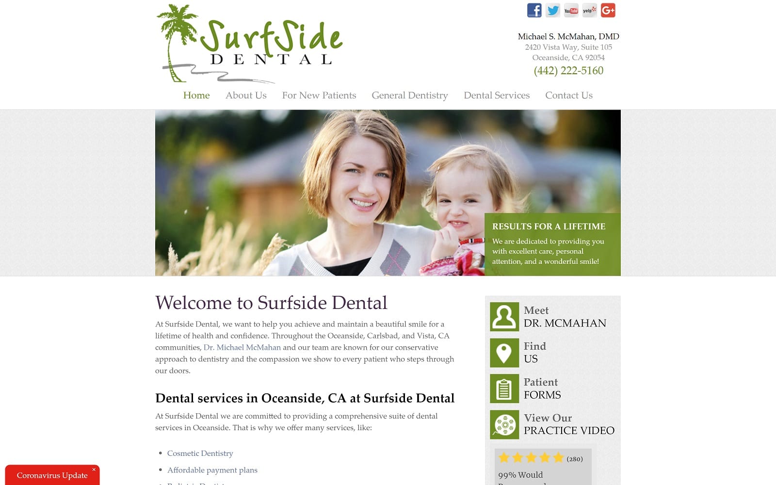 The screenshot of surfside dental surfsidedentalca. Com dr. Michael mcmahan website