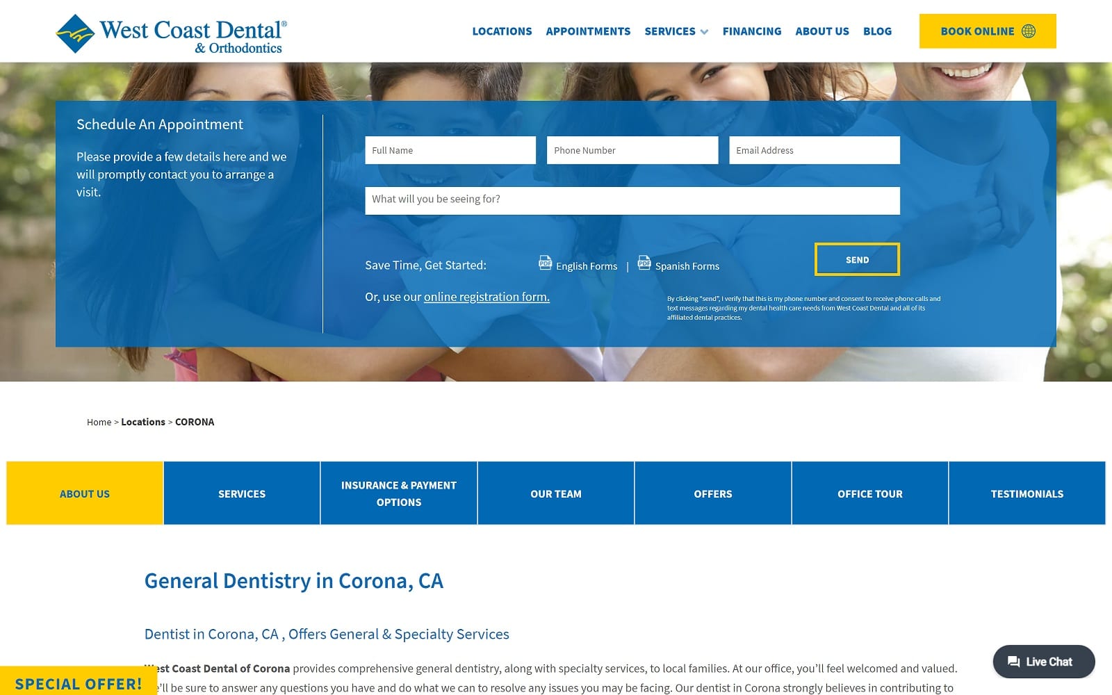 The screenshot of west coast dental of corona westcoastdental. Com/locations/corona website