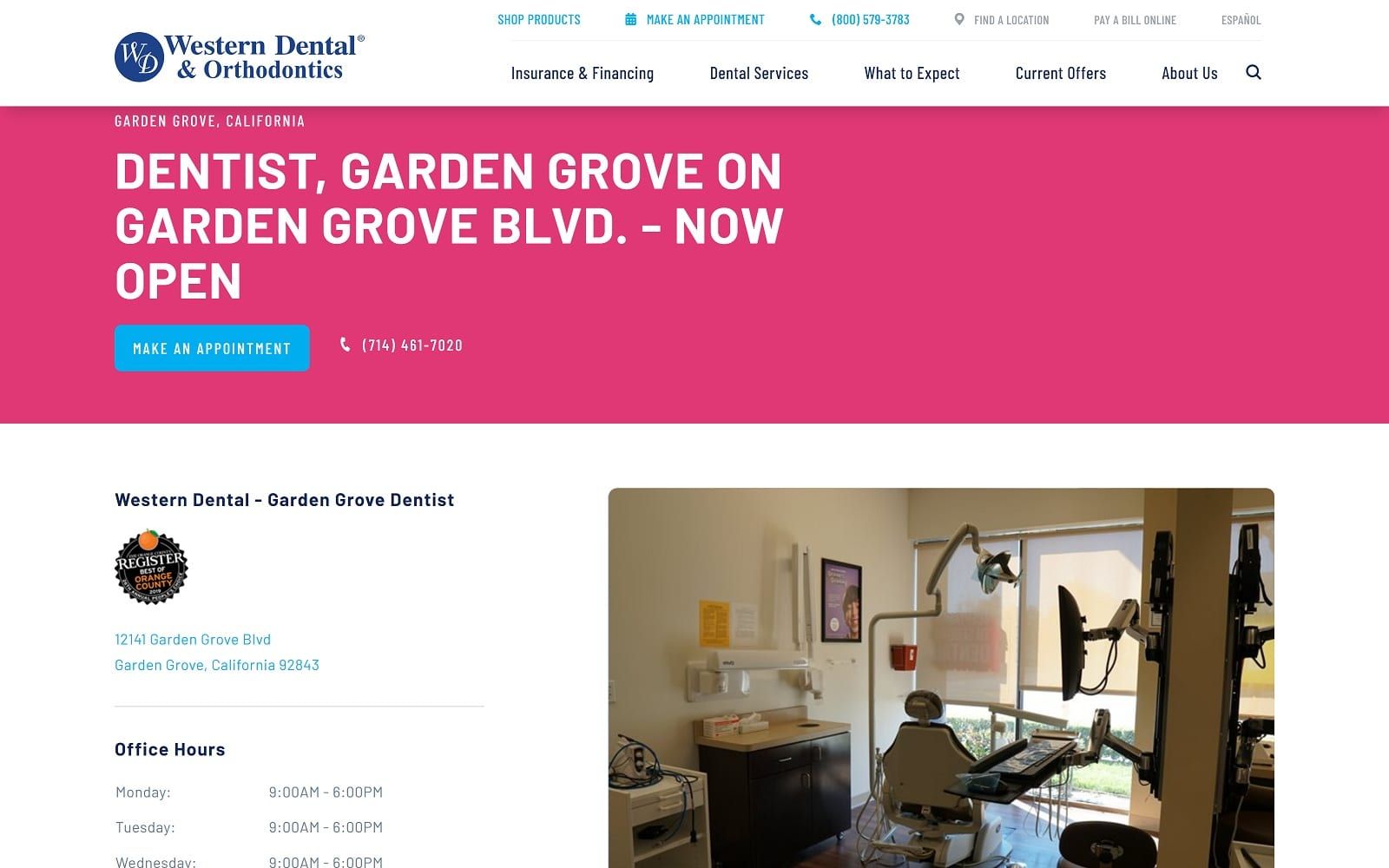 The screenshot of western dental & orthodontics westerndental. Com/en-us/find-a-location/california/garden-grove/12141-garden-grove-blvd website