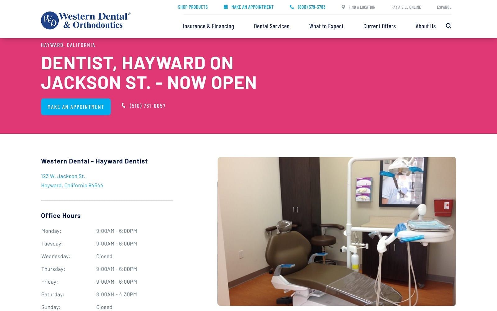 The screenshot of western dental & orthodontics westerndental. Com/en-us/find-a-location/california/hayward/123-w-jackson-st website