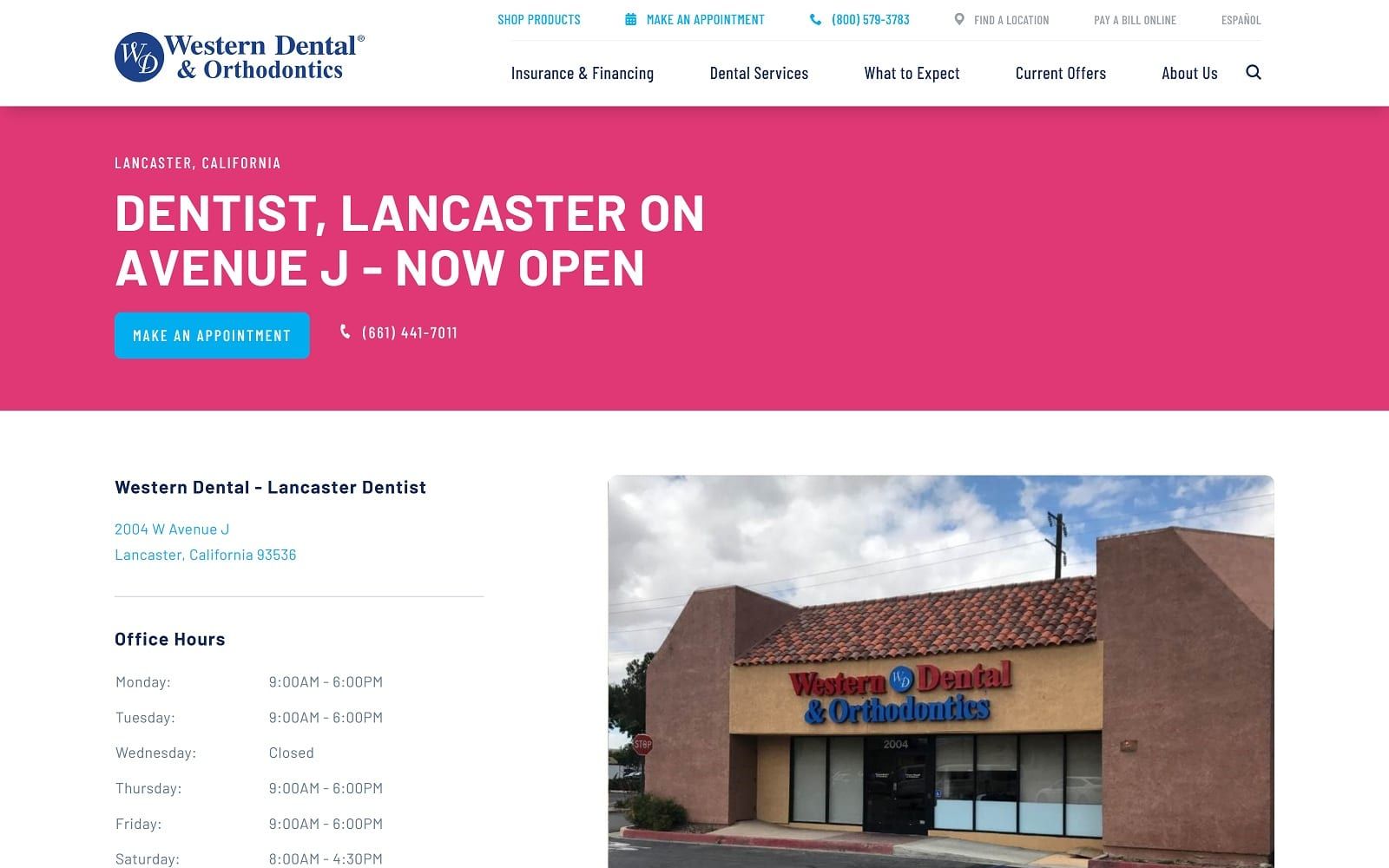 The screenshot of western dental & orthodontics westerndental. Com/en-us/find-a-location/california/lancaster/2004-w-avenue-j website