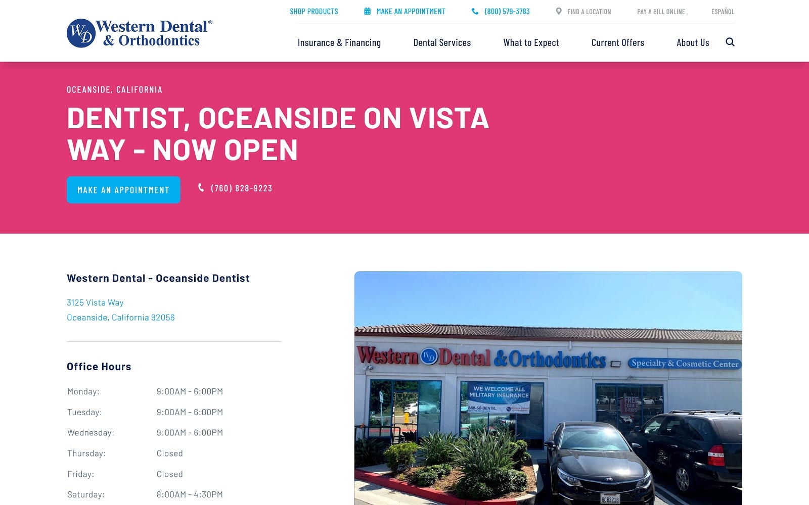 The screenshot of western dental & orthodontics westerndental. Com/en-us/find-a-location/california/oceanside/3125-vista-way website