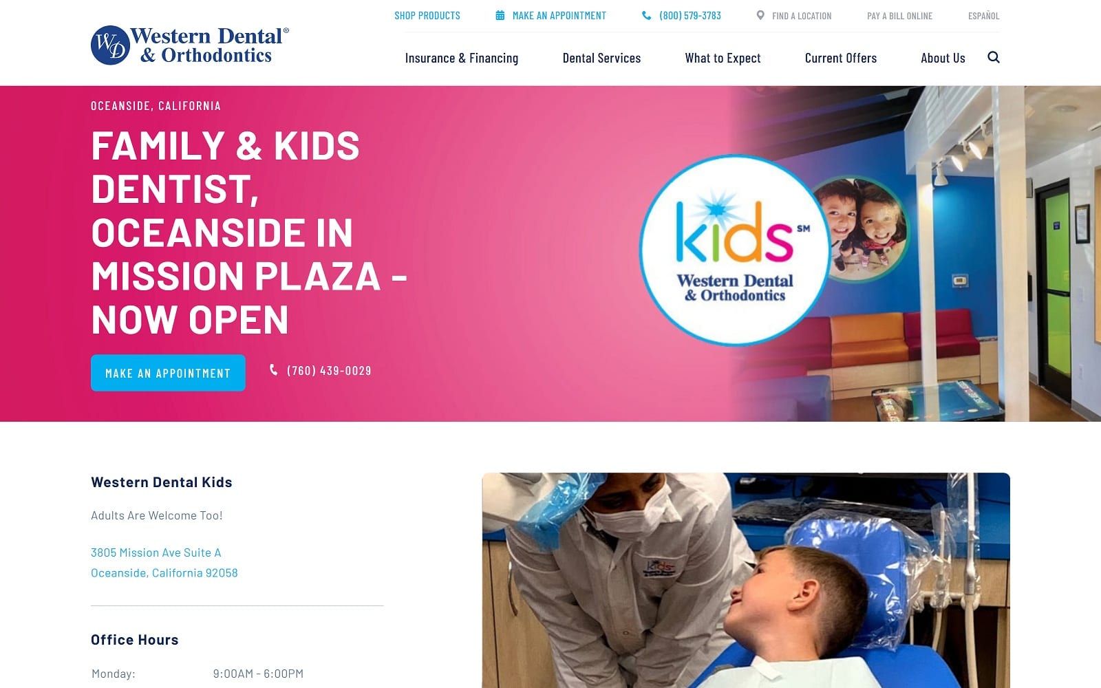 The screenshot of western dental kids westerndental. Com/en-us/find-a-location/california/oceanside/3805-mission-ave-suite-a website