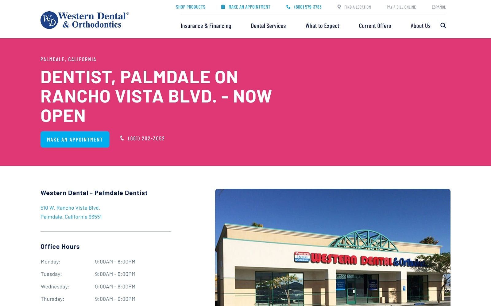 The screenshot of western dental & orthodontics westerndental. Com/en-us/find-a-location/california/palmdale/510-w-rancho-vista-blvd website