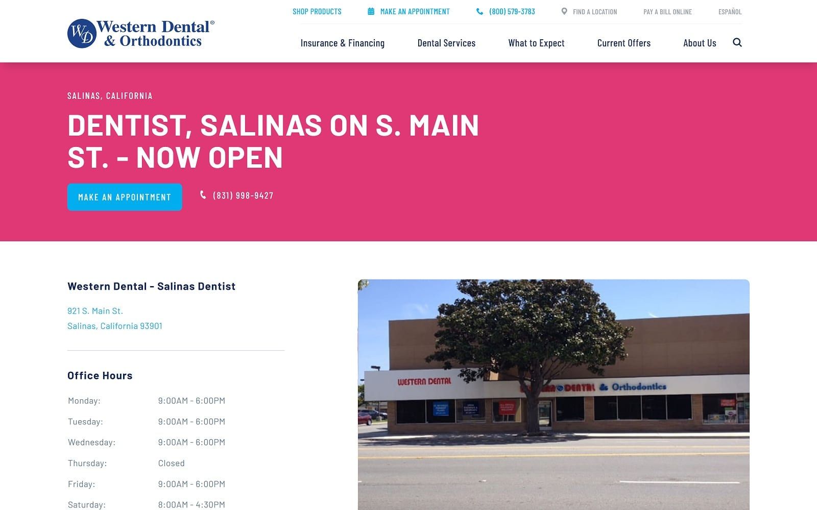 The screenshot of western dental & orthodontics westerndental. Com/en-us/find-a-location/california/salinas/921-s-main-st website