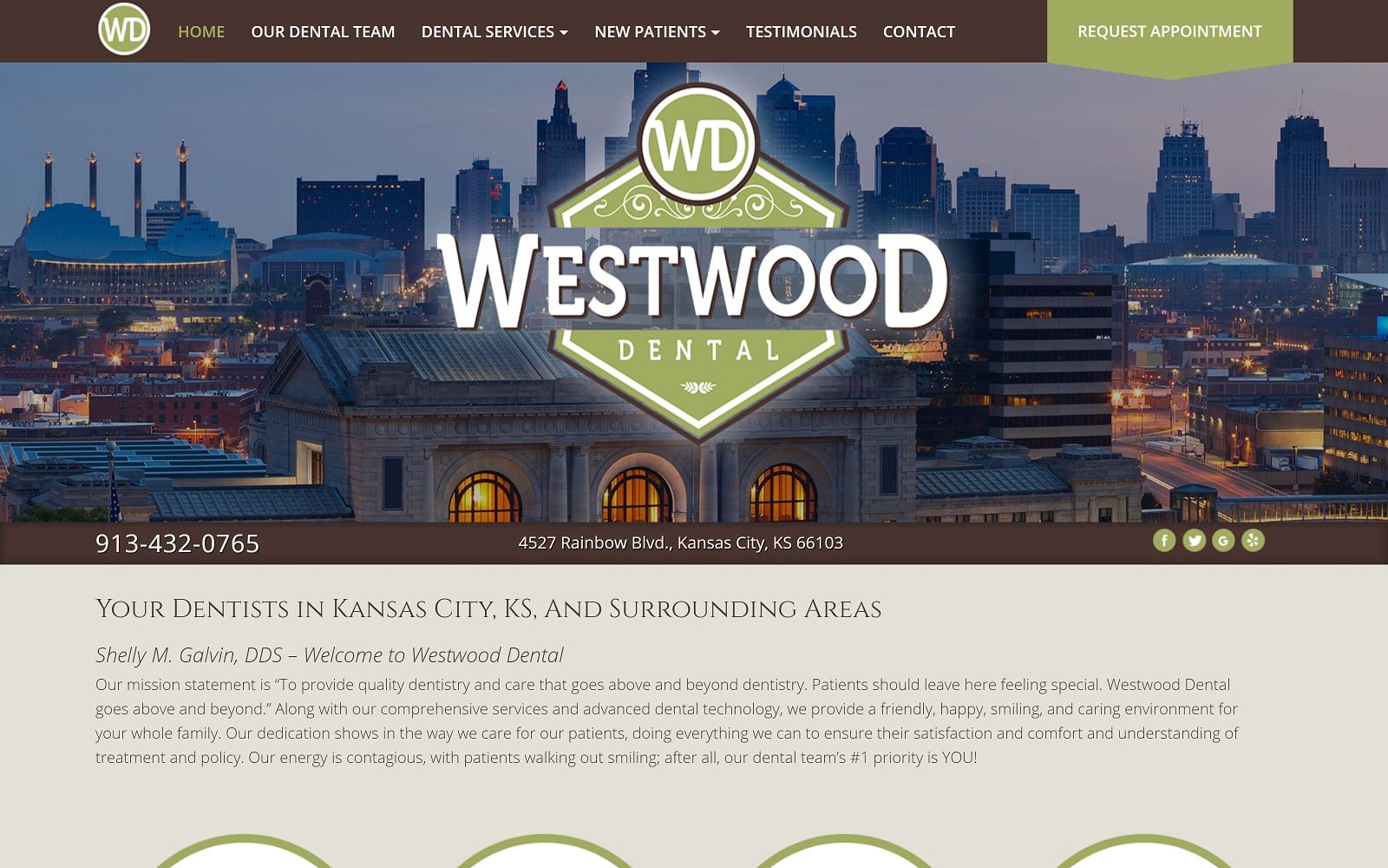 The screenshot of westwood dental westwooddentalkc. Com dr. Shelly galvin website