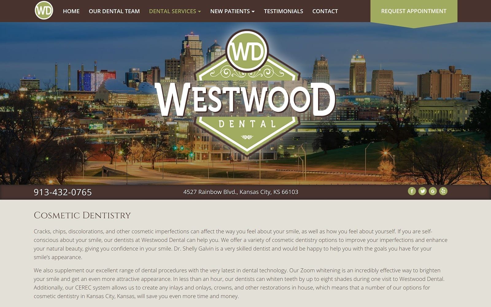 The screenshot of westwood dental westwooddentalkc. Com dr. Shelly galvin website