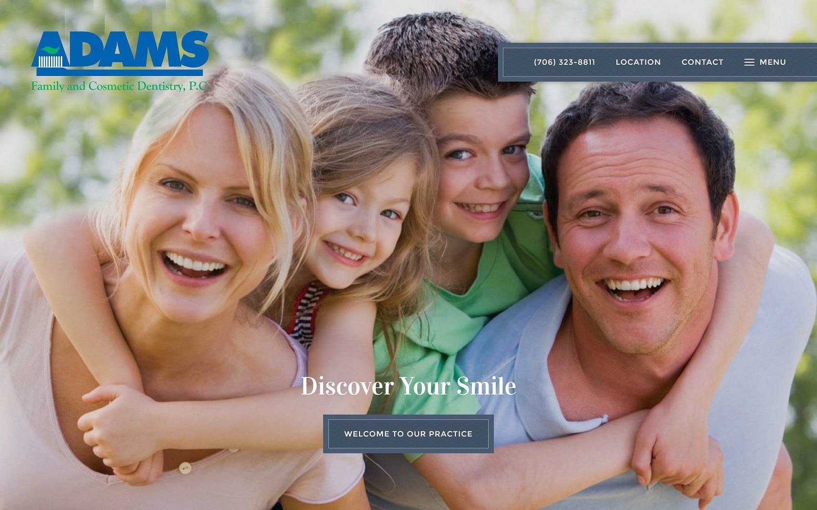 The screenshot of adams family and cosmetic dentistry pc dmd adamsdmd. Com website