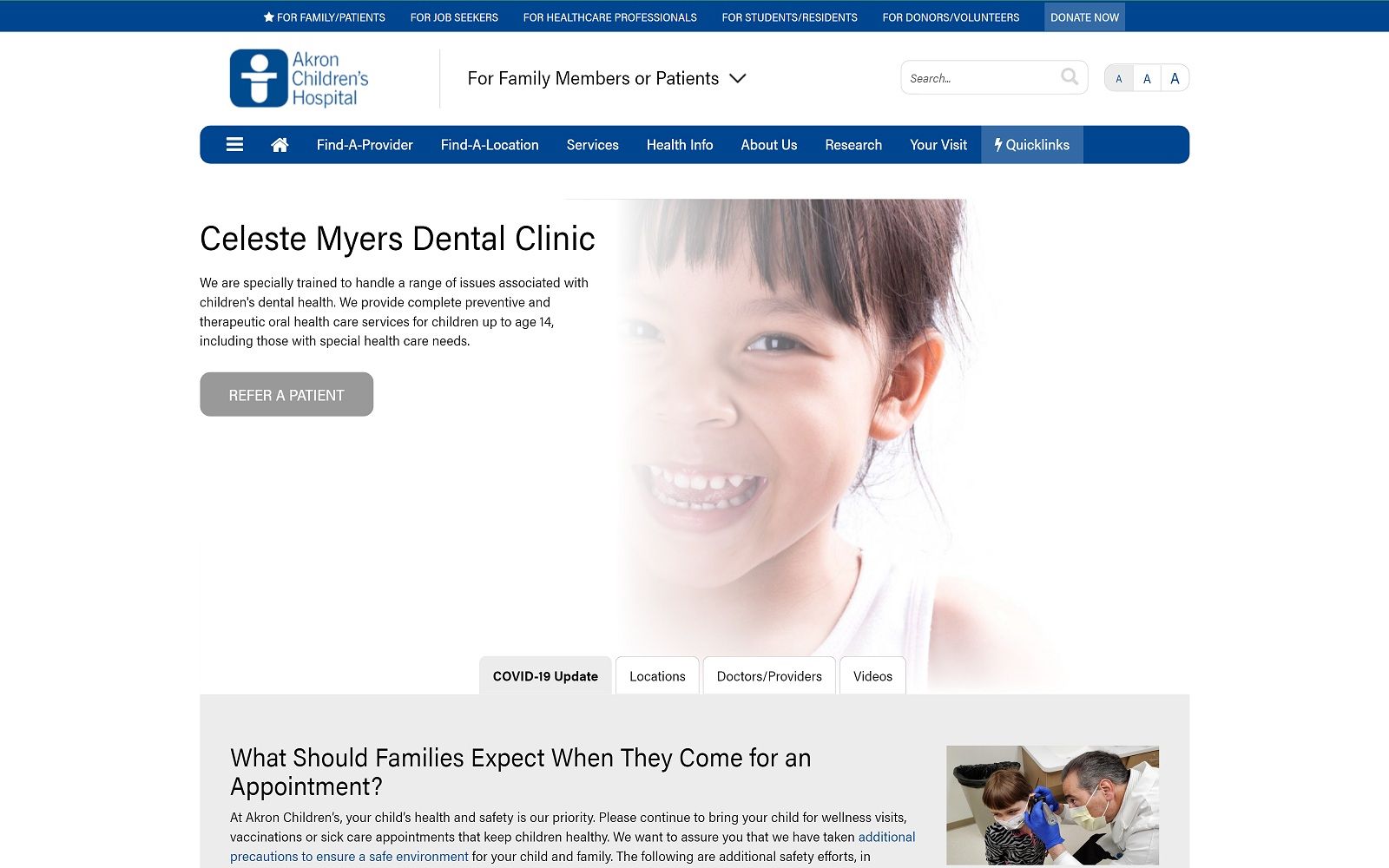 The screenshot of akron children's hospital celeste myers dental clinic akronchildrens. Org/departments/dentistry. Html website